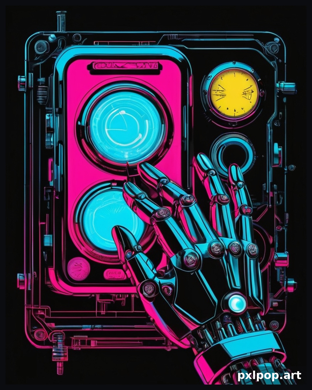 Robotarm bij een retro-futuristische machine