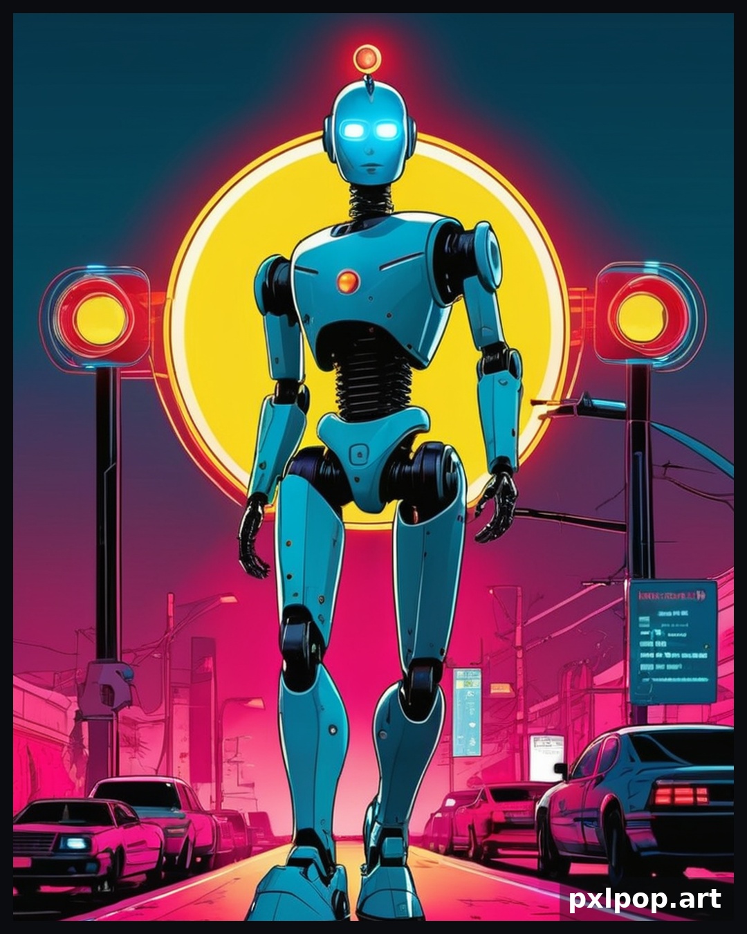 Retro-futuristische robot in een neonstad
