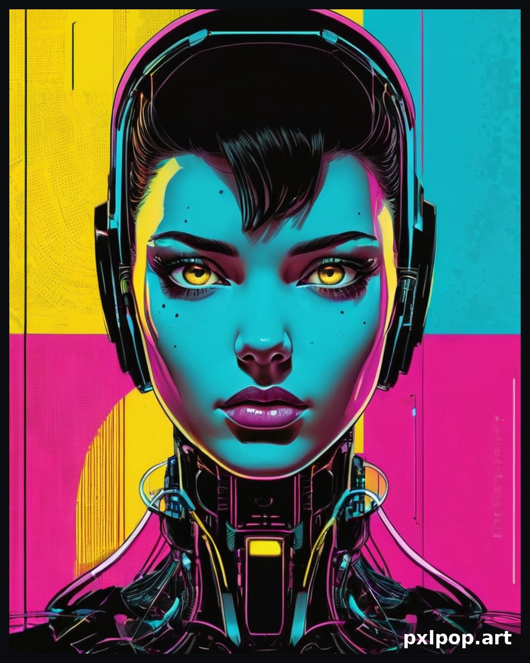 Retro-futuristisch PXLPOP portret met cyaan gezicht en grafische magenta-gele achtergrond